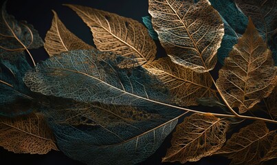  a close up of a leaf on a black background with a gold leaf.  generative ai