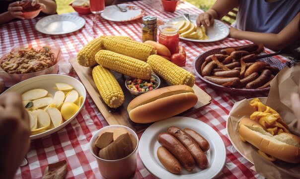  a picnic table with hotdogs, corn, potatoes, and corn on the cob.  generative ai