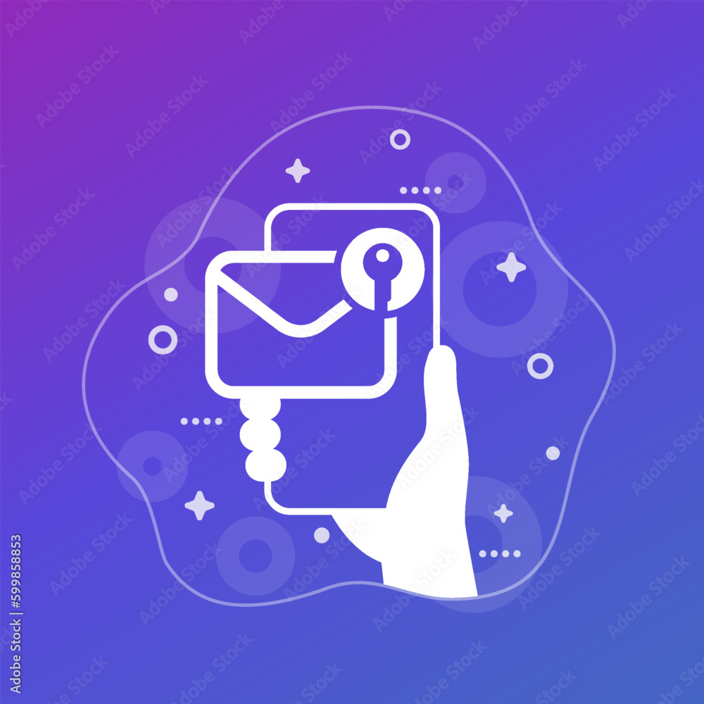 Poster encrypted message or mail icon with phone in hand, vector