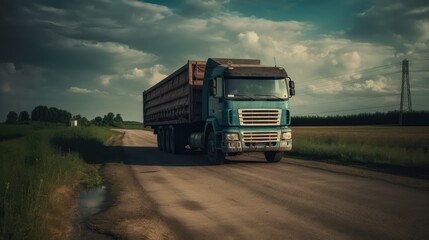 A cargo truck is driving along the highway against the backdrop of a landscape. Cargo transportation concept. AI generated