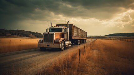 A cargo truck is driving along the highway against the backdrop of a landscape, evening. Cargo transportation concept. AI generated