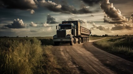 Fototapeta premium A cargo truck is driving along the highway against the backdrop of a landscape, at night. Cargo transportation concept. AI generated