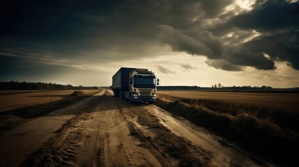 A cargo truck is driving on the highway against the backdrop of a landscape. Cargo transportation concept. AI generated