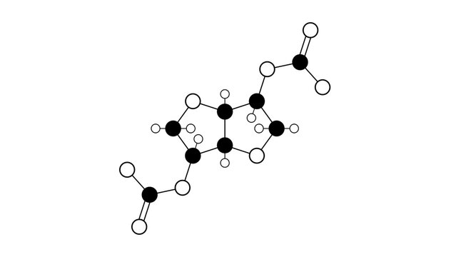 isosorbide dinitrate molecule, structural chemical formula, ball-and-stick model, isolated image nitrates and nitrites