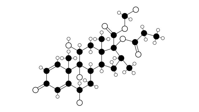 fluticasone propionate molecule, structural chemical formula, ball-and-stick model, isolated image topical steroids