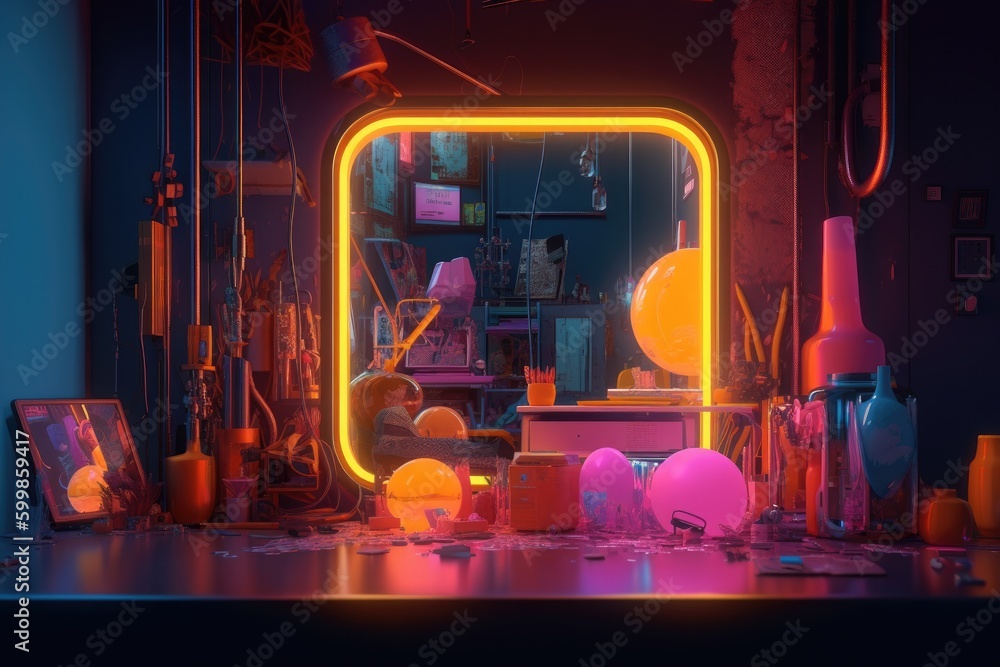 Poster neon yellow with bright objects with generative ai
