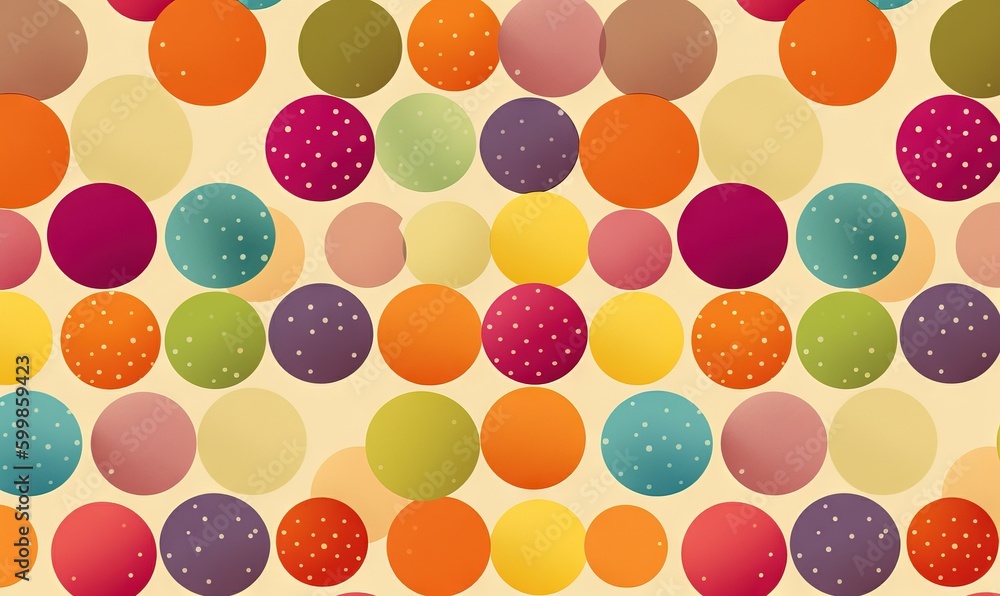 Poster a pattern of colorful circles on a yellow background with a white background. generative ai