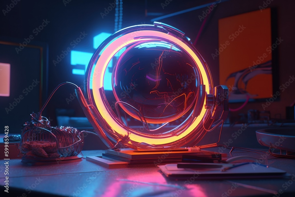 Poster neon yellow with bright objects with generative ai