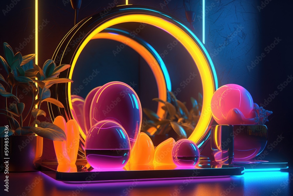 Poster neon yellow with bright objects with generative ai
