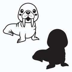 Walrus art silhouettes and icons. Black flat color simple elegant Walrus animal vector and illustration.