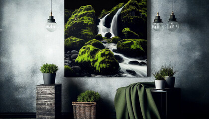 Waterfall landscape with rocks covered in green moss. Generative AI