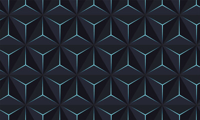 Abstract 3d dark and neon triangle texture background design. Geometric blue shapes pattern, blue and black Background.