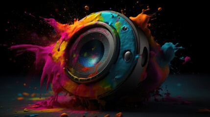 A speaker on a black background with a splash of colorful bright paint. Abstraction. AI generated