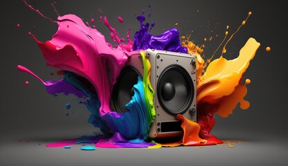 A speaker on a black background with a splash of colorful bright paint. Abstraction. AI generated