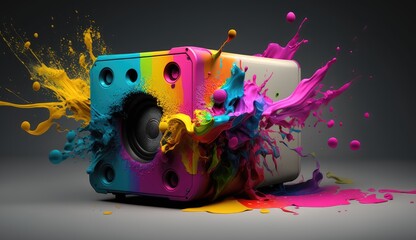 A speaker on a black background with a splash of colorful bright paint. Abstraction. AI generated
