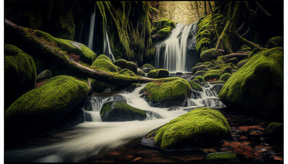 Fototapeta na wymiar Waterfall with forest stream and green moss. Generative AI