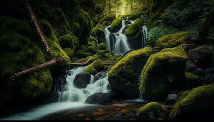 Fototapeta na wymiar Waterfall with rocks and green moss in the forest. Generative AI