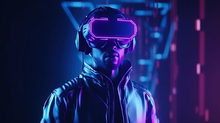 dj with headphones multi shade neon light