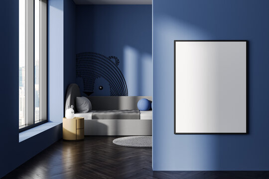 Blue baby bedroom interior with bed on carpet and panoramic window. Mockup frame