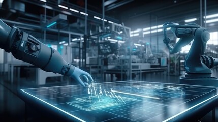 Obraz premium Futuristic Machines in Factory. Robots Producing Plastic Parts. The concept of production by robots. Generative AI
