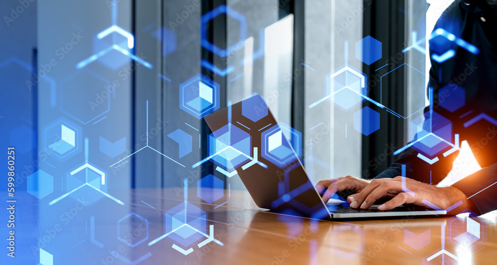 Poster man with laptop, blockchain and metaverse interface