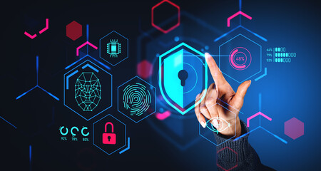 Woman finger touch cybersecurity and data protection, biometric scanning
