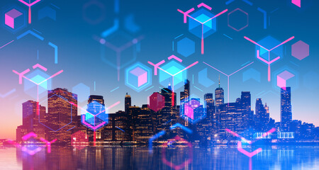 New York skyline, data storage in cyberspace, metaverse and blockchain concept