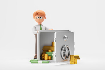 3d rendering. Cartoon man with open safe with gold bars and money in it