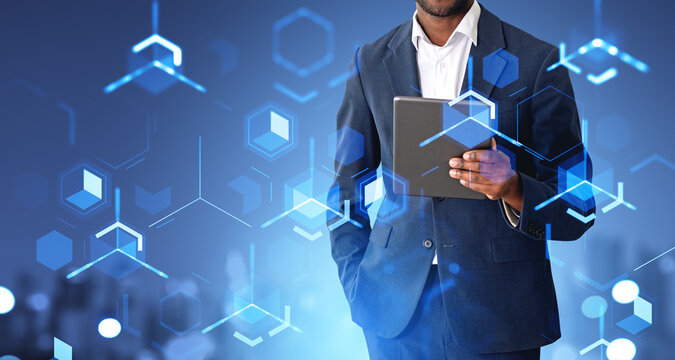 African businessman using tablet, data storage in cybersapce, bl