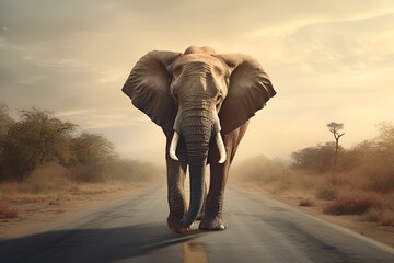 Fototapeta na wymiar Elephant walking down the road