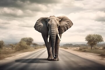 Naklejka na ściany i meble Elephant walking down a road