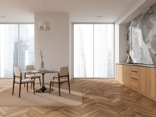 White and marble kitchen interior with table, side view