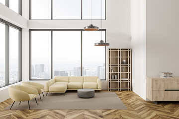 Stylish chill room interior with armchairs and couch, decoration and window