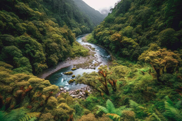Aireal top view of a serene river flowing through a verdant forest landscape created with Generative AI technology