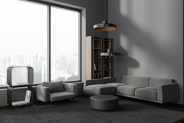 Grey relax interior with couch and armchair, shelf with decor and mock up wall
