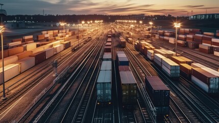 Fototapeta na wymiar Transportation of containers on the railway in the night city, evening city. Business concept, cargo transportation. Transport logistics. AI generated
