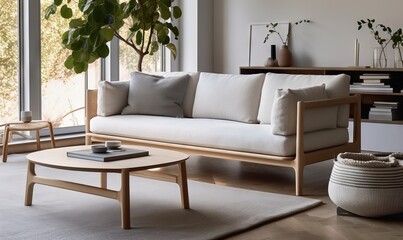  a living room with a couch, coffee table and potted plant.  generative ai