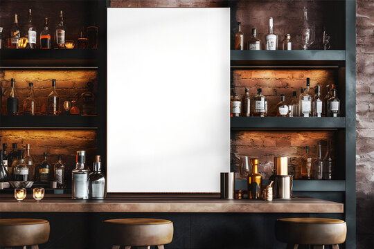 Mockup of vertical empty poster in Loft bar interior