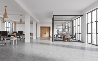 Light office room interior with coworking and conference zone, panoramic window