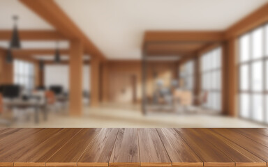 Fototapeta premium Wooden desk and office room interior with furniture and window blurred, mockup
