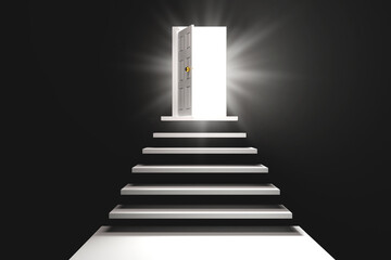 Stairway to black door with lighted exit in dark room. concept of a way to success, planning for progress towards a bright future. with copy space and business design. 3D rendering
