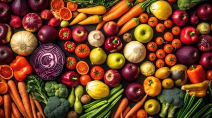 Food background with assortment of fresh organic vegetables. Vegetable background, top view. AI generated
