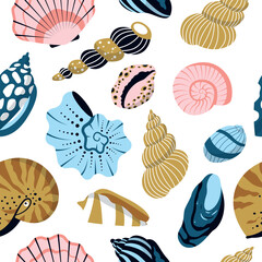 Sea shell, sink cartoon seamless pattern. Ocean exotic underwater seashell conch aquatic mollusk, sea spiral snail, marine starfish collection. Tropical beach nature aquatic water flat illustration