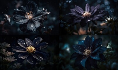  a group of flowers with water droplets on them in the dark.  generative ai