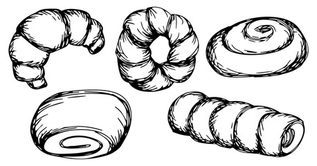 Set of vector bakery products in line-art style.