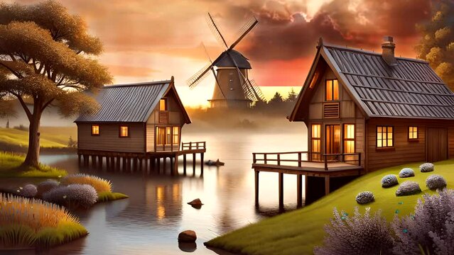 A remote village on the outskirts of the city, with views of hills and a river beneath the houses, a windmill tower, wooden houses, and butterflies fluttering around flowers