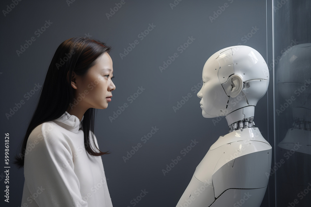 Poster person looking at a robotic artificial intelligence version of themselves. deep fake. generative ai
