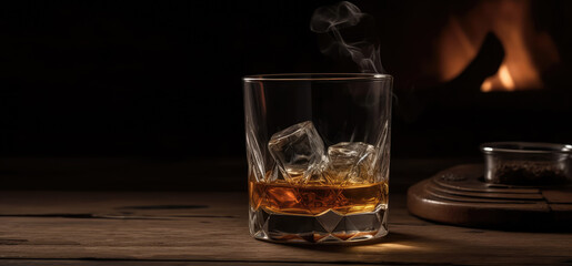 Whiskey in a glass with ice on a black background. Alcoholic beverage. AI generated