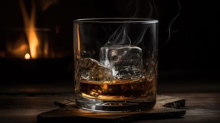 Whiskey in a glass with ice on a black background. Alcoholic beverage. AI generated