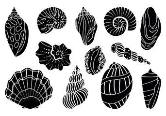 Sea shell sink silhouette set. Ocean exotic underwater seashell conch aquatic mollusk, sea spiral snail, marine starfish collection. Tropical beach shells nature aquatic water flat design illustration